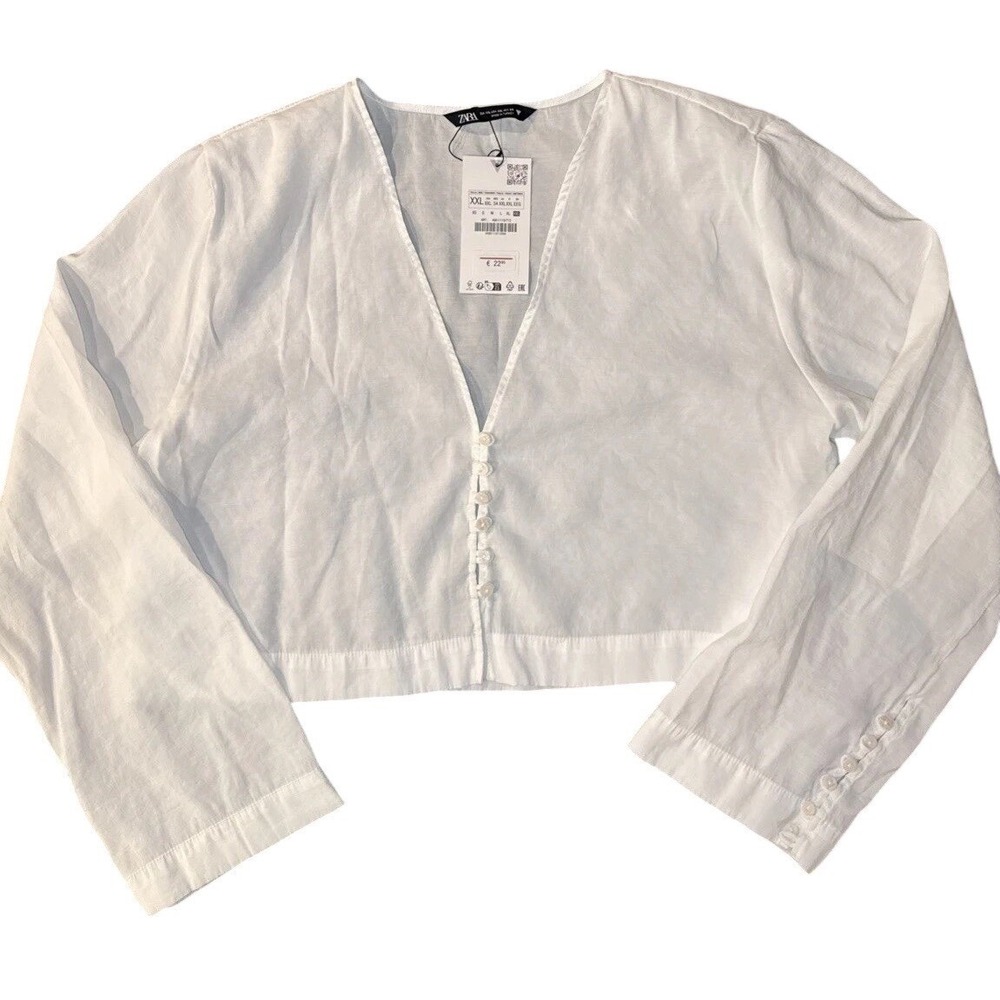 Zara Linen Cropped Blouse Women XXL White NEW 4661/110/712 V-Neck Button Front